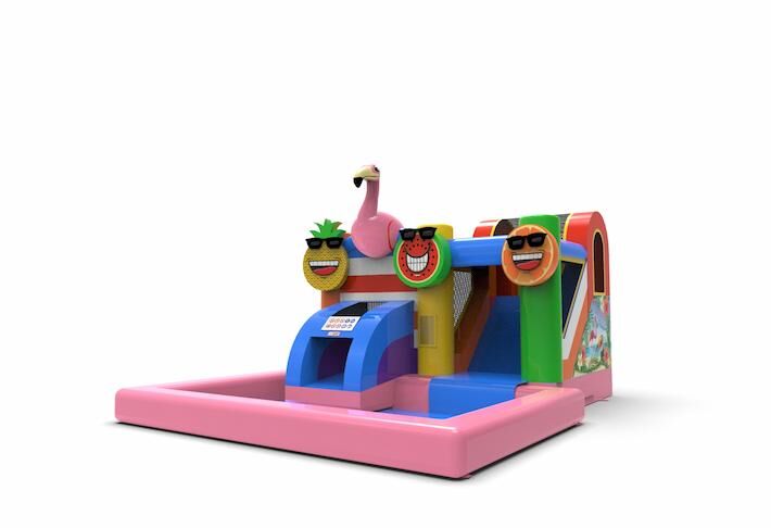 springkussen met water en glijbaan in flamingo thema bestellen