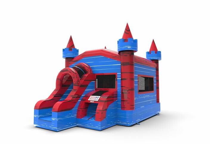 Order a frontslide combo 13ft inflatable bounce house in theme marble in colors red&blue. Buy inflatable bouncers online at JB Inflatables America, professional in inflatables making.
