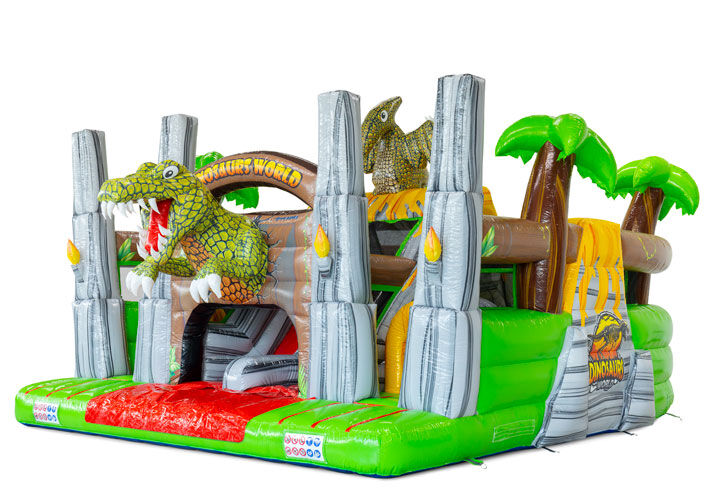 Hüpfburg mit einer Mischung aus Dinosaurierfiguren und Dschungel-Elementen für abenteuerliche Hindernisse.