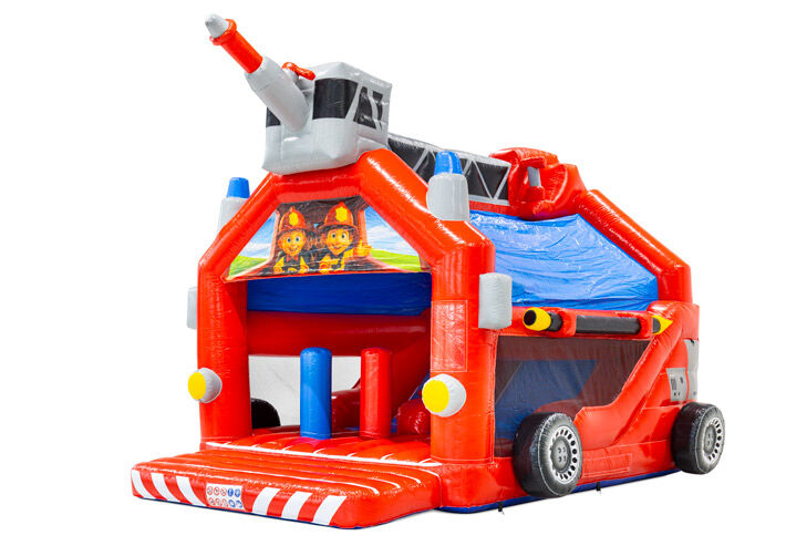 The Combounce Fire Brigade bouncy castle with fire truck theme is available from JB-Inflatables.