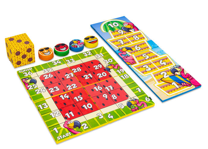 Kleurrijk spellenset voorkant van Softplay in Flamingo Hawaii thema
