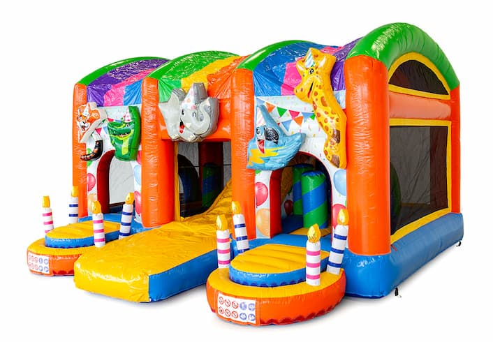 Compre um grande castelo insuflável multijogador interno com slide na festa temática para crianças. Encomende castelos insufláveis ​​online na JJB Insufláveis ​​Portugal