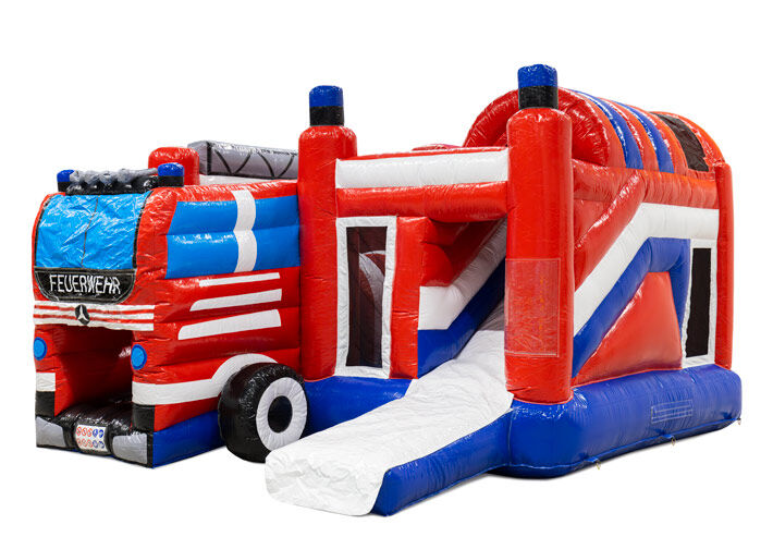 Compre um insuflável com tema de camião dos bombeiros e escorrega para crianças. Encomende insufláveis online na JB-Insufláveis