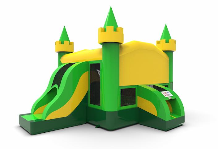 Inflatable unique leftside climb & slide combo 13ft basic bounce house in colors green and yellow for both young and old. Order inflatable bounce houses online at JB Inflatables America