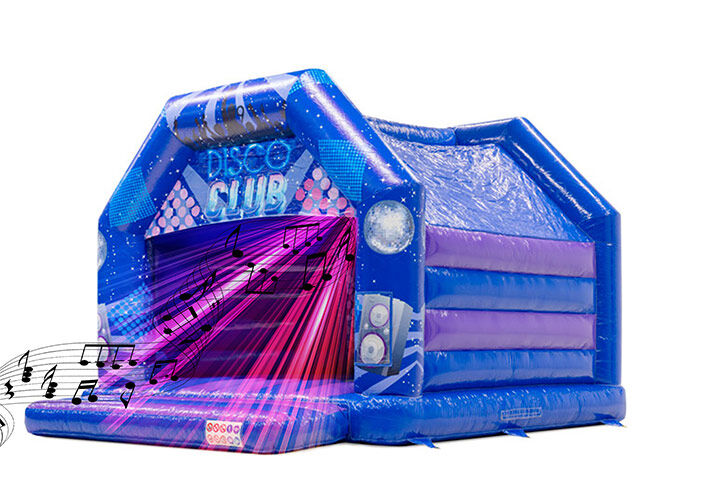 Château gonflable disco avec des notes de musique et des lumières disco disponibles en commande en ligne chez JB