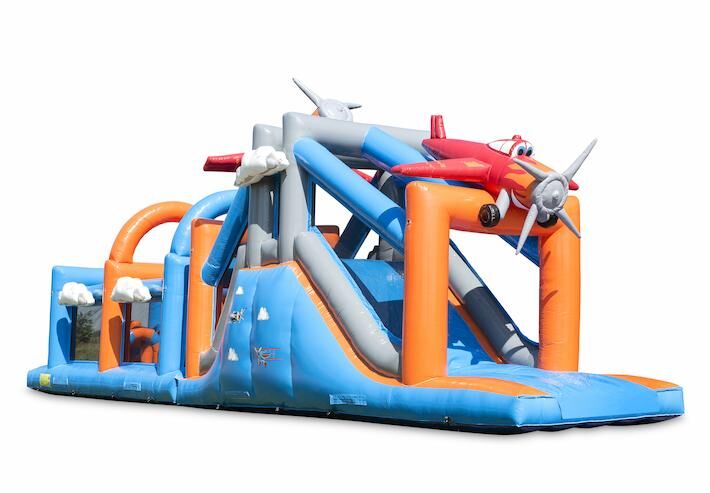 Pista de obstáculo com tema de avião exclusivo com 7 elementos de jogo e objetos coloridos para comprar para as crianças. Ordene pistas de obstáculos infláveis ​​agora online em JB Insuflaveis Portugal