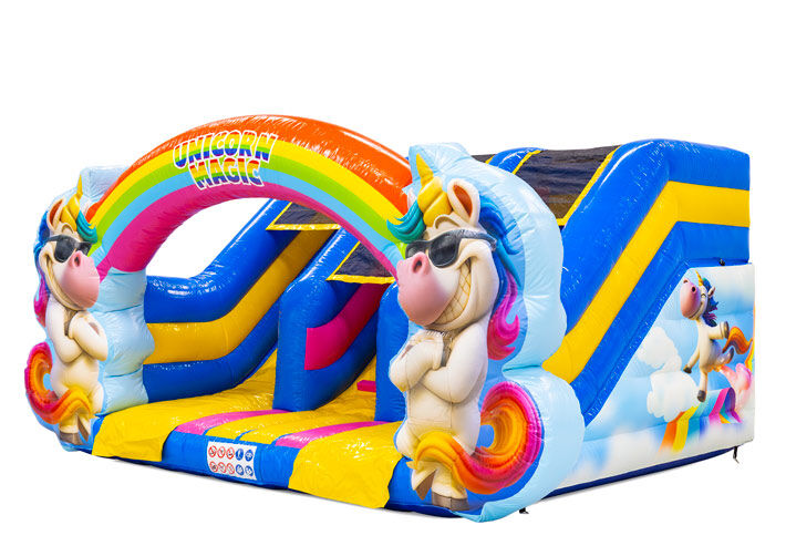 Midi Slide Unicorn springkussen met kleurrijk eenhoorn thema en glijbaan, te bestellen bij JB Inflatables