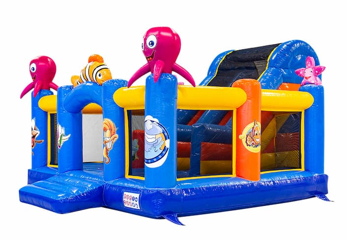 Kaufen sie eine große aufblasbare offene multiplay-slidebox-hüpfburg mit rutsche in der meereswelt für kinder. Bestellen sie hüpfburgen online bei JB-Hüpfburgen Deutschland
