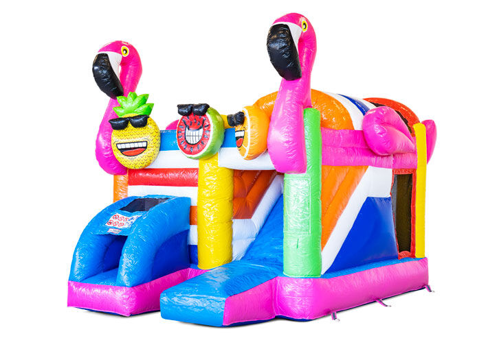 Kaufen Sie überdachte aufblasbare Hüpfburg Mini Multiplay mit Rutsche im Thema Flamingo für Kinder. Bestellen Sie jetzt aufblasbare Hüpfburgen bei JB-Hüpfburgen Deutschland