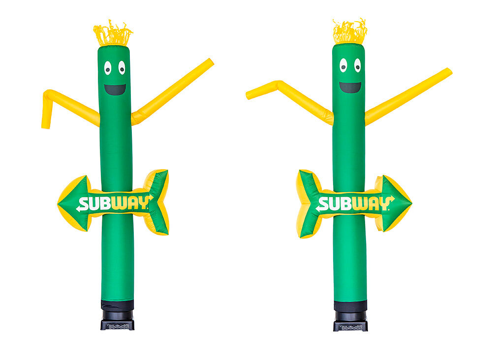 Personalisierte Subway 3D skydancer mit gelben spikes und dem 3D objekt in Form eines pfeils in richtung Subway hergestellt bei JB-Hüpfburgen Deutschland. Bestellen sie aufblasbare airdancer in allen formen und größen bei JB-Hüpfburgen Deutschland