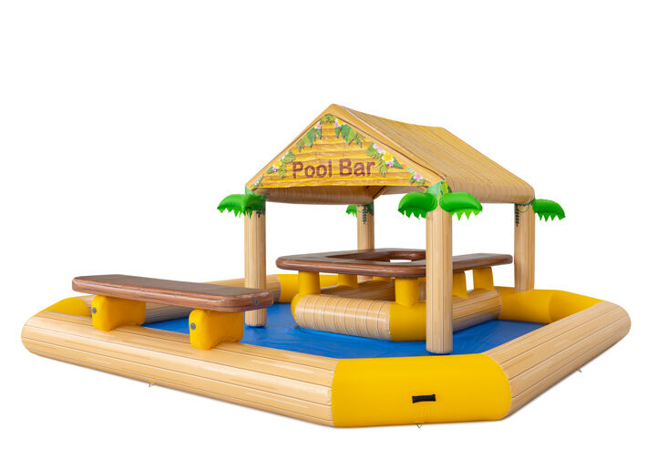 Einzigartige aufblasbare Poolbar im Holzlook mit Sitzplätzen – erhältlich bei Hüpfburgenwelt.