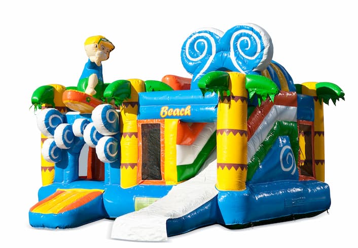 Compre um castelo insuflável multijogador interno em uma praia temática com escorregador para crianças. Encomende castelos insufláveis ​​online na JB Insufláveis ​​Portugal