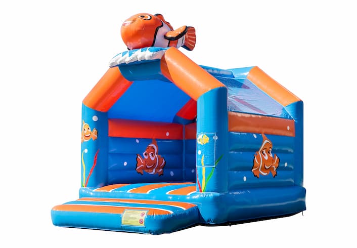 Buy standard party bouncy castles in striking colors with a large 3D object of a clownfish on top for children. Order bouncy castles online at JB Inflatables UK