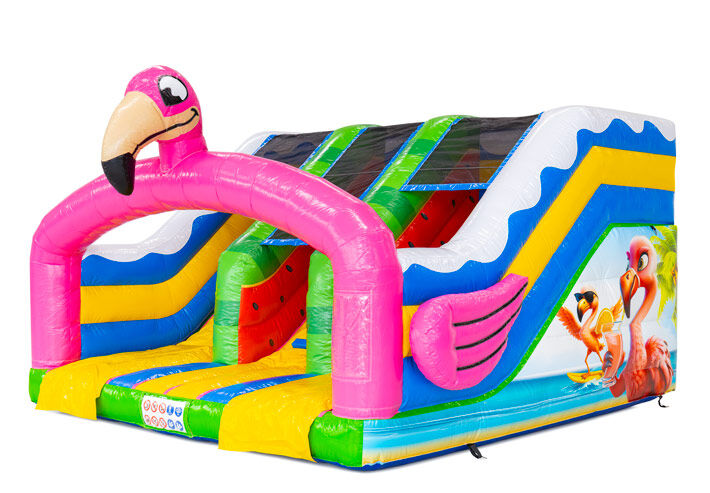 Midi Slide Flamingo 2 springkussen met vrolijk flamingo thema en glijbaan, te bestellen bij JB Inflatables