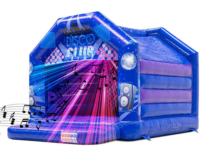 Bouncy castle in disco theme with musical notes and disco lights