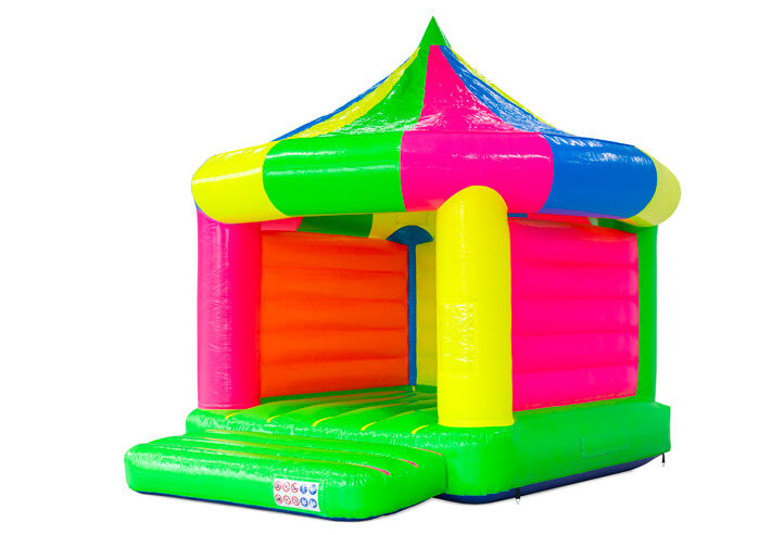 Colourful bouncy castle with roof, perfect for rentals and events – order now at JB-Inflatables.