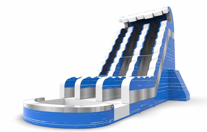 Holen sie sich eine aufblasbare wasserrutsche D22 in den farben blau-weiß-silber für jung und alt. Bestellen sie aufblasbare wasserrutschen online bei JB-Hüpfburgen Deutschland