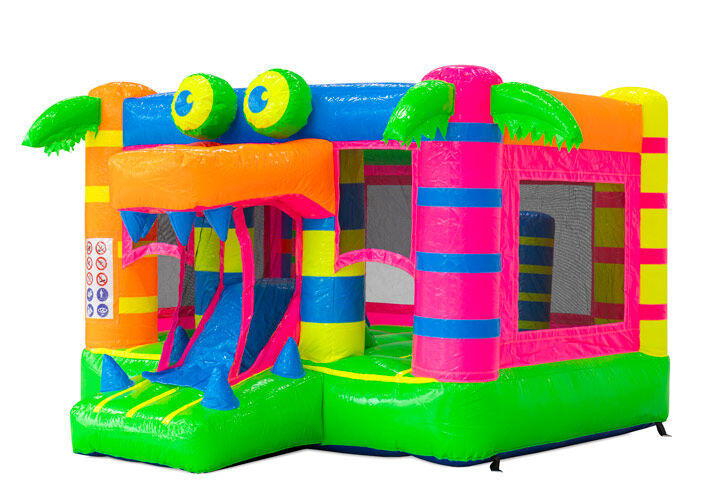 Mini Bounce Crocodile bouncy castle in fluorescent colours with slide – order now from JB-Inflatables