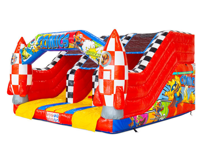 Midi Slide Comic springkussen met kleurrijk stripverhaal thema en glijbaan, te bestellen bij JB Inflatables