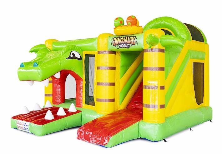 Compact opblaasbaar springkasteel met glijbaan in Dino thema te koop voor kinderen