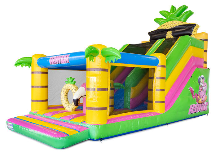 Opblaasbare glijbaan met springkussen gedeelte in hawaii thema te koop voor kinderen