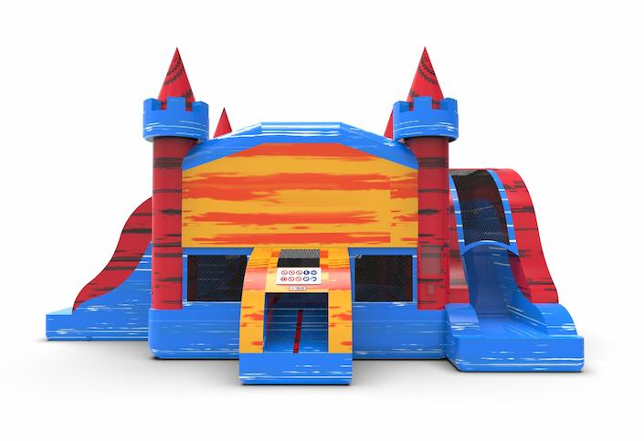 Order an inflatable slide park combo 13ft bounce house with two slides in theme marble in colors blue-red and orange. Buy inflatable wholesale bounce houses online at JB Inflatables America