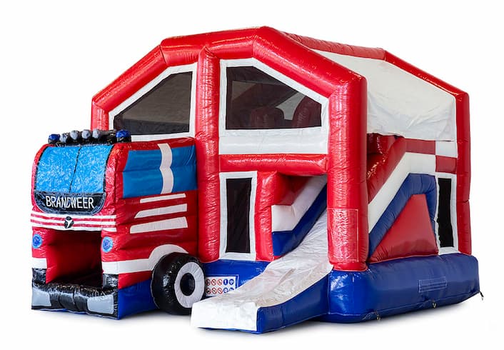Springkasteel in brandweer thema met een glijbaan bestellen voor kinderen. Koop opblaasbare springkastelen online bij JB Inflatables Nederland