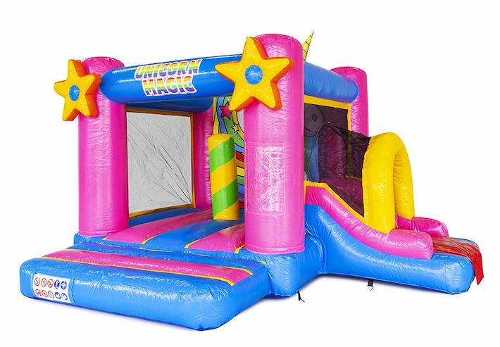 Bestellen Sie eine kleine aufblasbare Hüpfburg mit Rutsche im Einhorn-Design