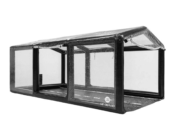 Inflatable showcase with transparent roof to buy car or other vehicles in stables