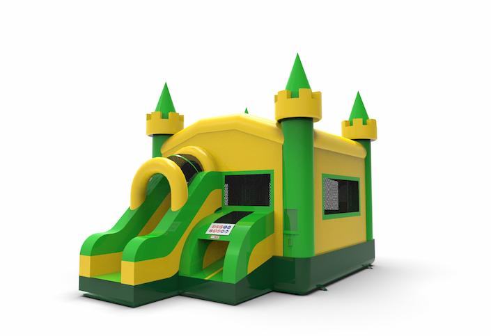 Inflatable unique frontslide combo 13ft basic bounce house in colors green&yellow for both young and old. Order inflatable bounce houses online at JB Inflatables America