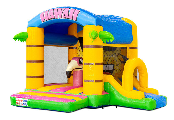 Castello gonfiabile a tema Hawaii con scivolo sul lato