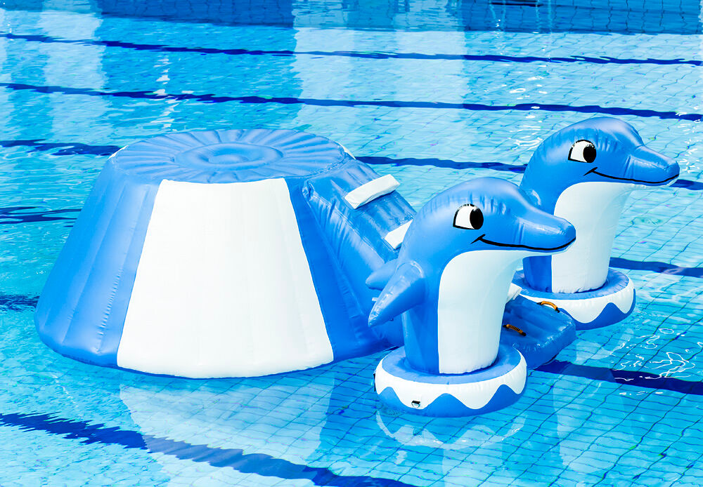 Bestel luchtdichte opblaabare eilandslide in thema dolfijn met de vrolijke 3D dolfijnen en het coole design kopen voor zowel jong als oud. Koop opblaasbare waterattracties nu online bij JB Inflatables Nederland 