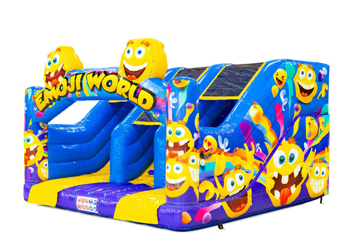 Midi Slide Emoji springkussen met vrolijke emoji prints en glijbaan, te bestellen bij JB Inflatables