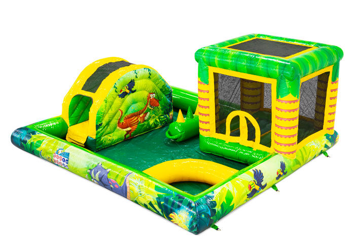 Parc de jeux Kidspark avec piscine à balles, pataugeoire, château gonflable sur le thème de la jungle dino