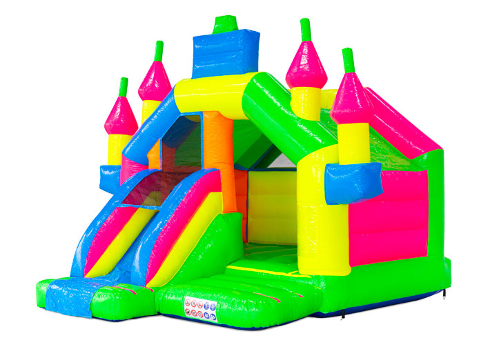Product afbeelding Château gonflable combo avec toboggan style château couleurs fluorescentes