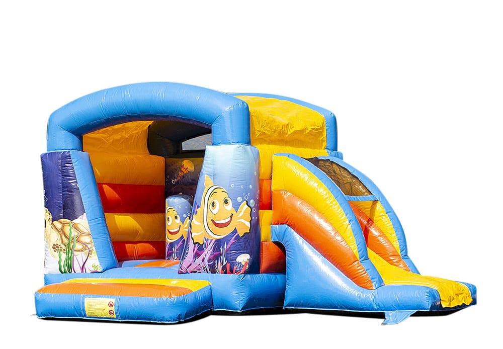 Petit château gonflable multifun bleu pour enfants à vendre sur le thème de la mer. Disponible en ligne chez JB Gonflables France