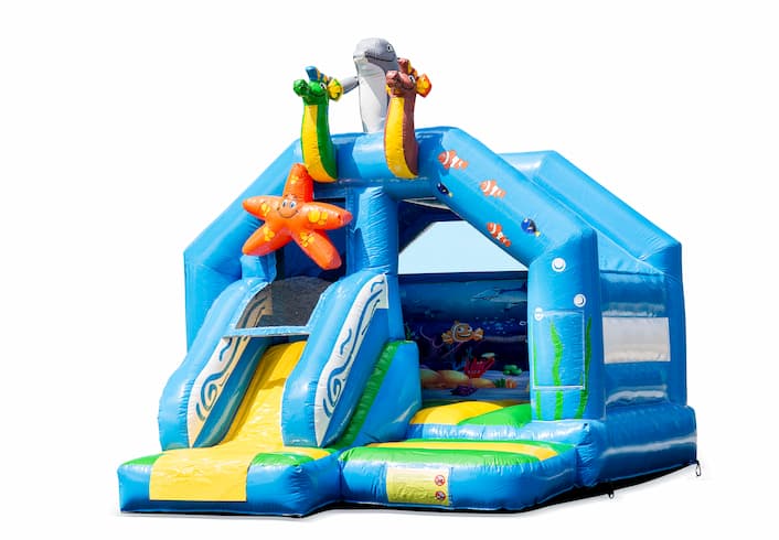 Compre o slide combo castelo insuflável temático de mundo marinho na JB Insufláveis ​​Portugal. Encomende castelos insufláveis online na JB Insufláveis ​​Portugal