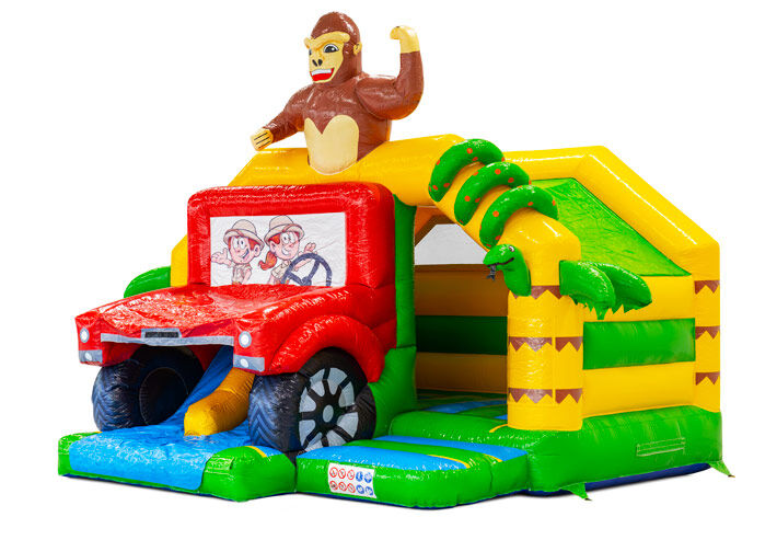Château gonflable Combo Doubleslide avec deux toboggans sur le thème Safari Gorilla