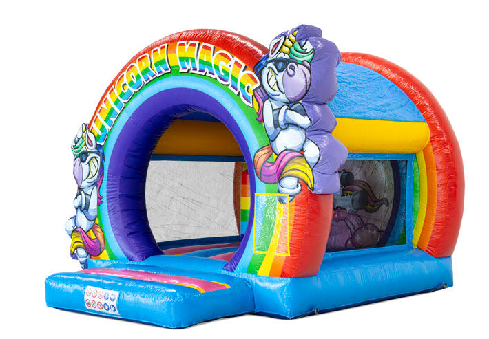 The Bouncedome Unicorn bouncy castle from JB-Inflatables, featuring a colourful rainbow arch and unicorn prints.