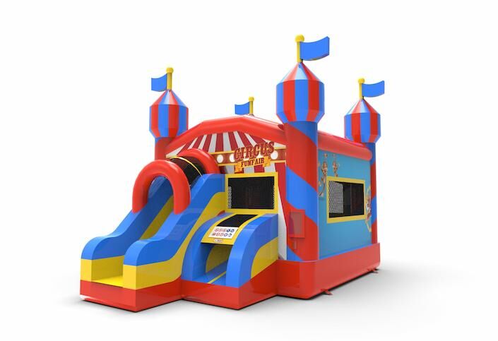 Buy an inflatable frontslide combo 13ft carnival game themed bouncy castle for both young and old. Order inflatable bouncy castles online at JB Inflatables America