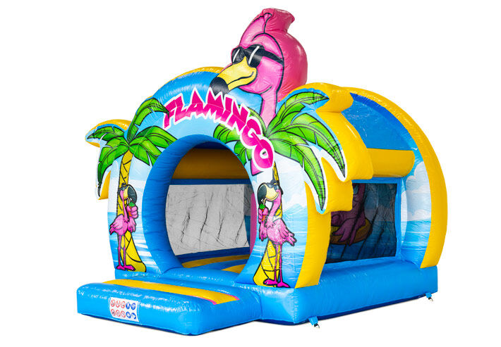 The Bouncedome Flamingo bouncy castle with tropical flamingo illustrations, available to order from JB-Inflatables.