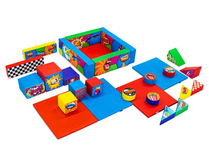Juego de Softplay XL con temática de cómic y bloques coloridos para jugar