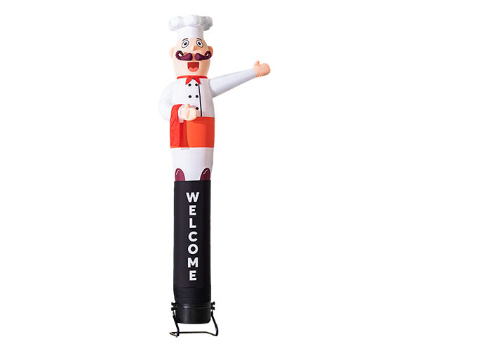 Zamów nadmuchiwaną reklamę chwiej kucharz skyman 3d wysoki na 4 m przez Internet w JB Dmuchańce Polska. Personalizowane skytubes i skydancers we wszystkich rozmiarach i kolorach dostępne online na JB Dmuchańce Polska