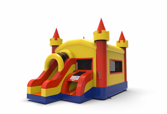 Order a frontslide combo basic 13ft inflatable manufactured bounce house in colors red-blue-yellow for both young and old. Buy inflatable bounce houses online at JB Inflatables America