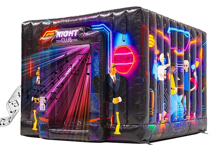 Square cube disco bounce house with music notes and disco lights