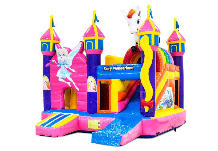 Buy inflatable bouncy castle  in fairy wonderland theme with slide for children. Order inflatable bouncy castles online at JB Inflatables UK