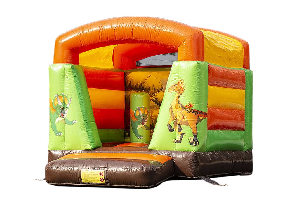 Piccolo castello gonfiabile verde arancio per bambini in vendita a tema dinosauro. Castelli gonfiabili disponibili su JB Gonfiabili Italia online