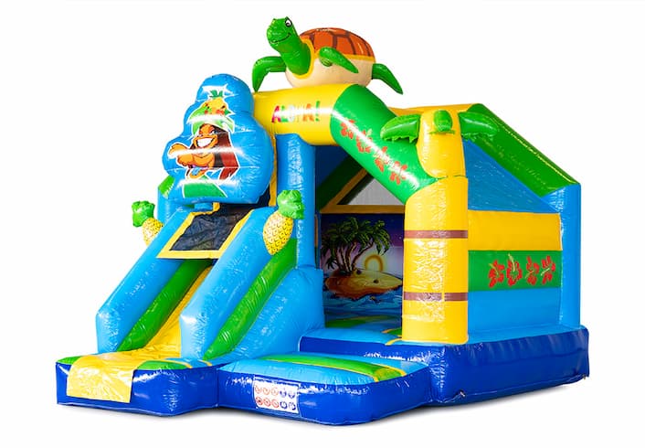 Château gonflable toboggan combo sur le thème d'Hawaï à acheter pour les enfants. Commandez des château gonflable avec toboggan chez JB Gonflables France