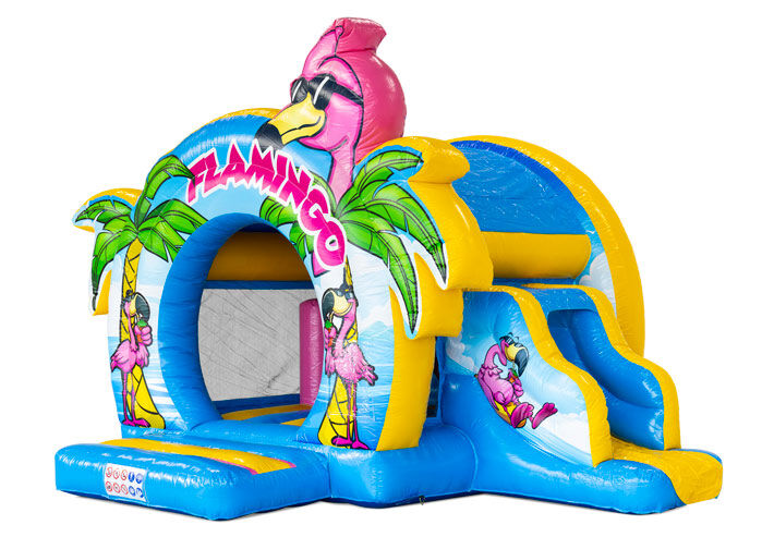 Flamingo bounce dome bouncy castle with slide available from JB Inflatables