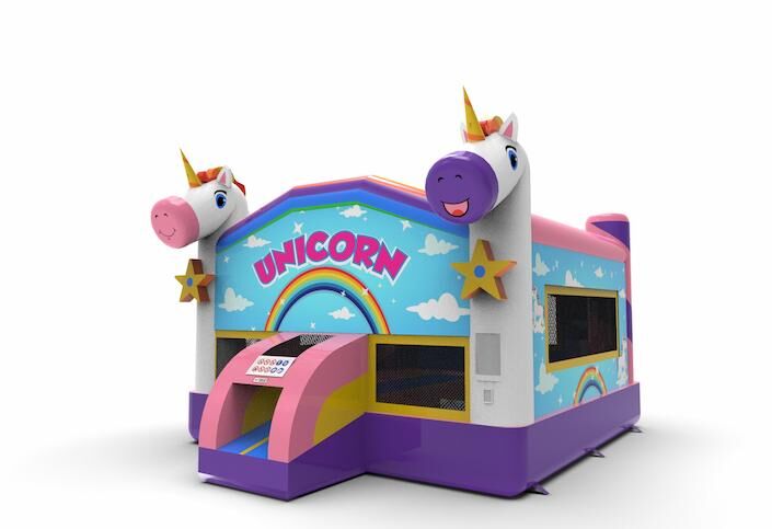 Buy inflatable 15ft jumper basic bounce house in unicorn theme for both young and old. Order inflatable bouncers online at JB Inflatables America